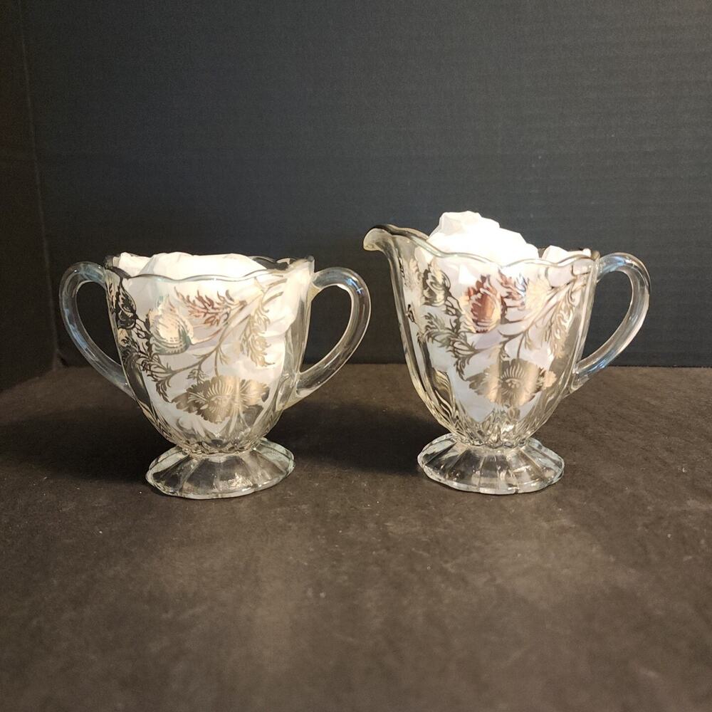 Viking Glass Silver City Flanders Poppy Silver Overlay Creamer and Sugar Set